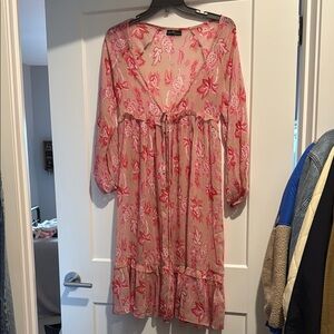 Pink and White Ruffled Tiered Sundress with Plunge Neckline